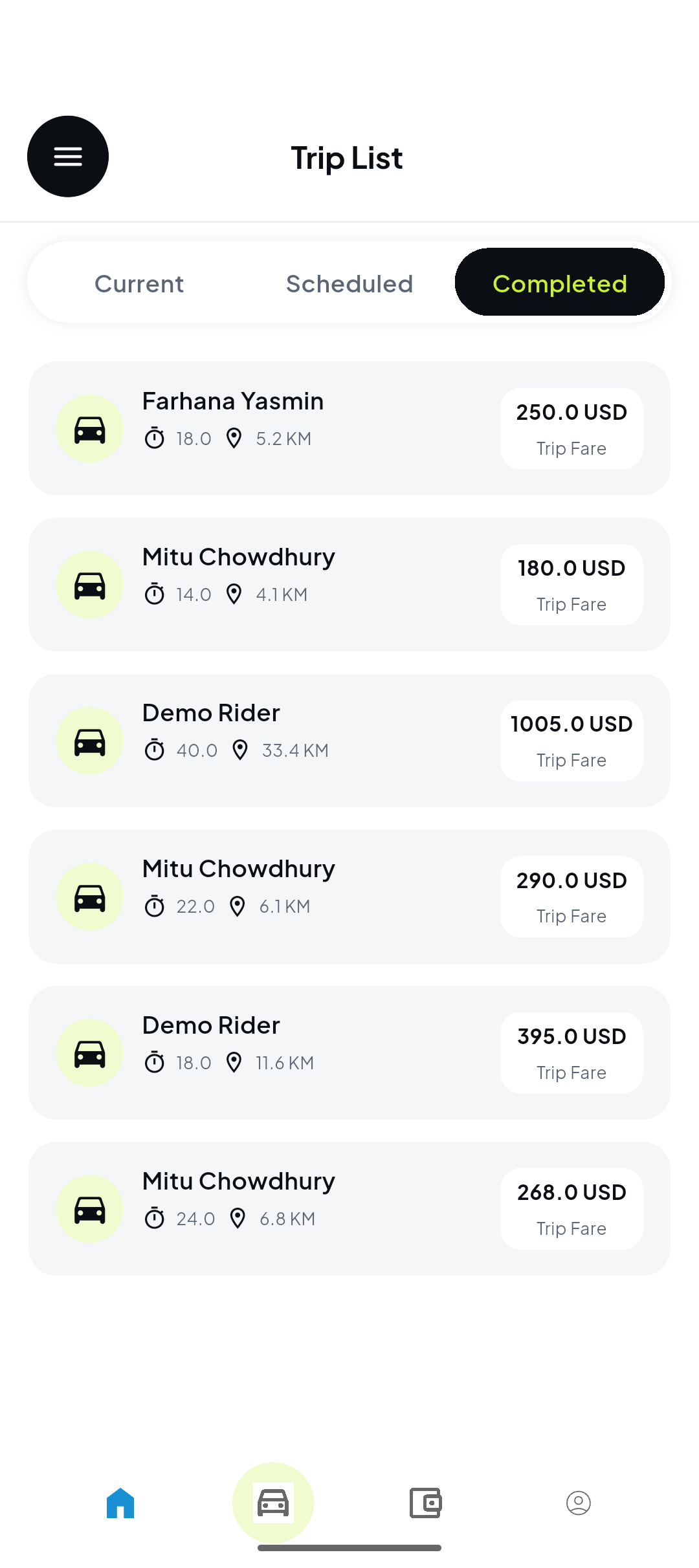 Driver app trips