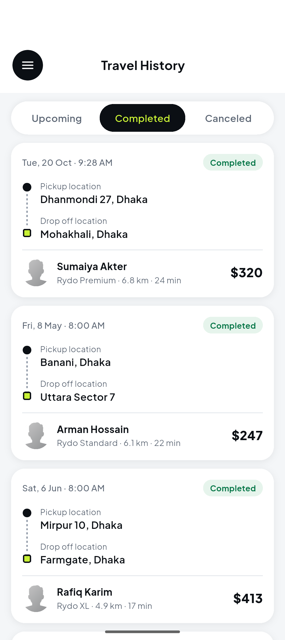 Rider app travel history