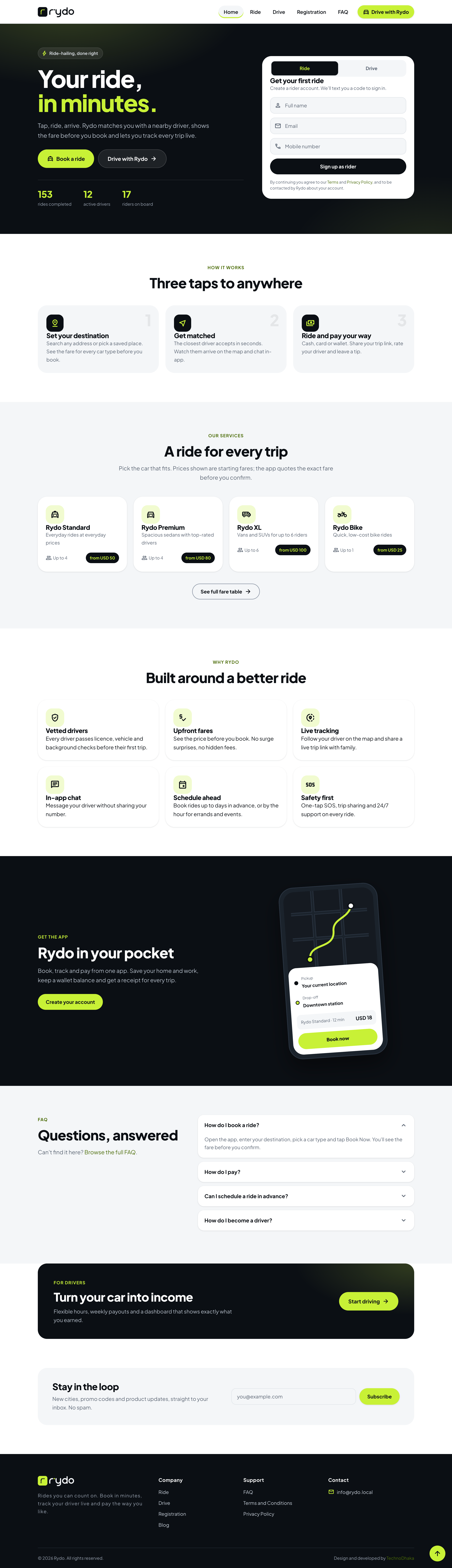 Rydo public website, full page